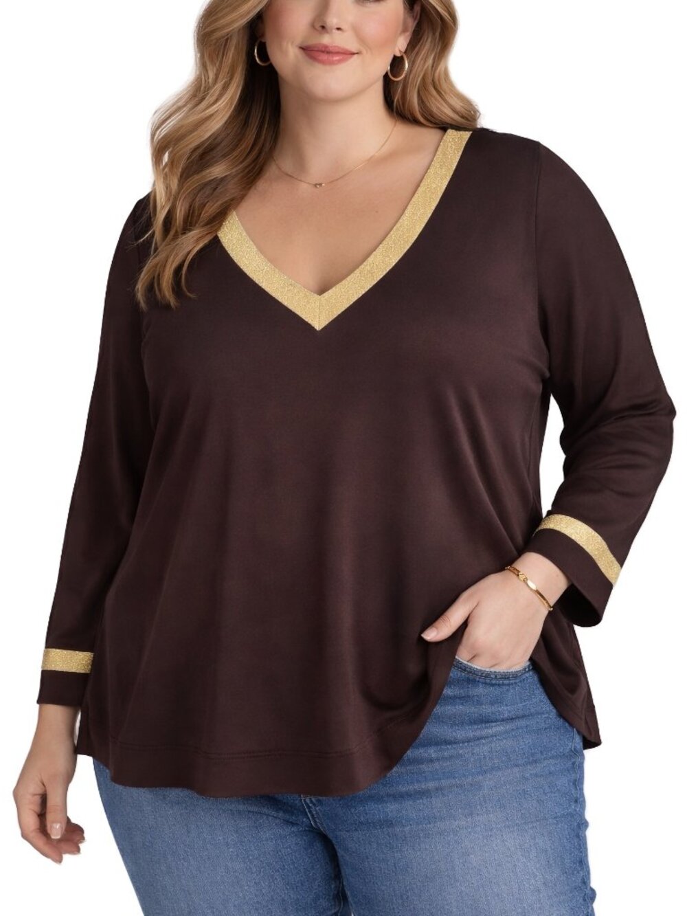 Belle Kim Gravel ScubaLuxe Top Brown V Neck Shimmer Trim Long Sleeve 3X